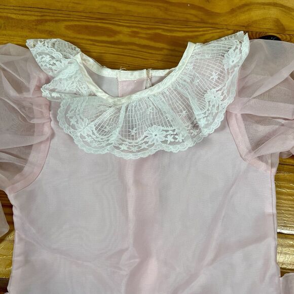 Vintage Le Maj Girl Ruffle Party Dress Size 4T Pink Satin White Lace Bubble Hem - Picture 10 of 16